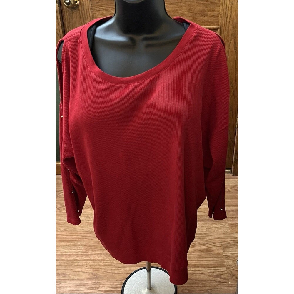 LAUREN RALPH LAUREN Womens Red COLD SHOULDER Waffled BLOUSE TOP SHIRT SZ L